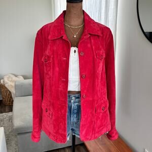 Style & Co. Genuine Leather Coat Red Suede Utility Jacket Button Front Size XL